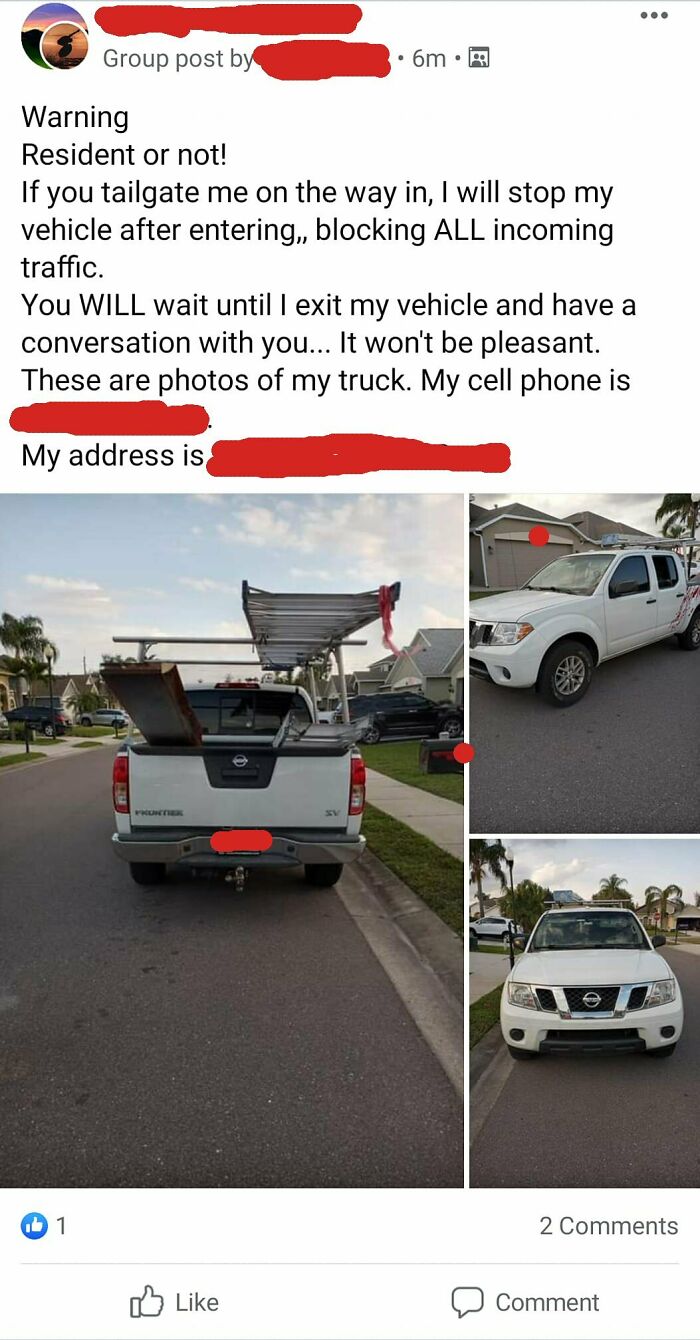 Post warning tailgaters about blocking traffic seen with pictures of a white Nissan Frontier truck