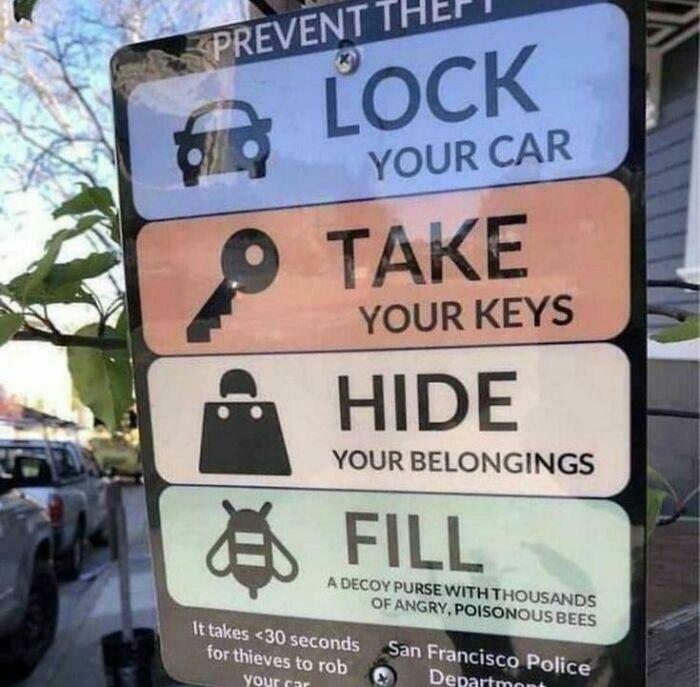 Humorous anti-theft sign advising to lock car and fill purse with angry poisonous bees