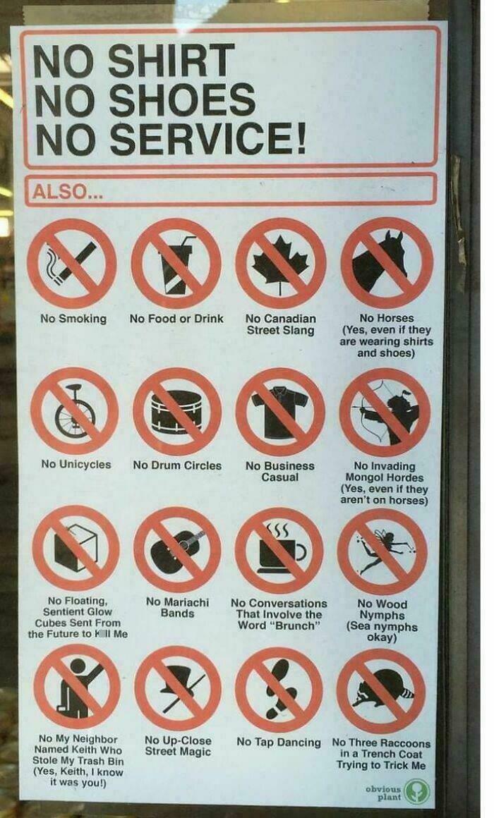 Humorous no shirt no shoes no service sign with multiple funny prohibitions