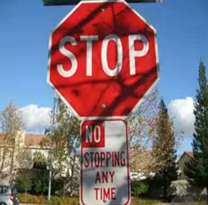 Conflicting traffic signs showing stop and no stopping any time