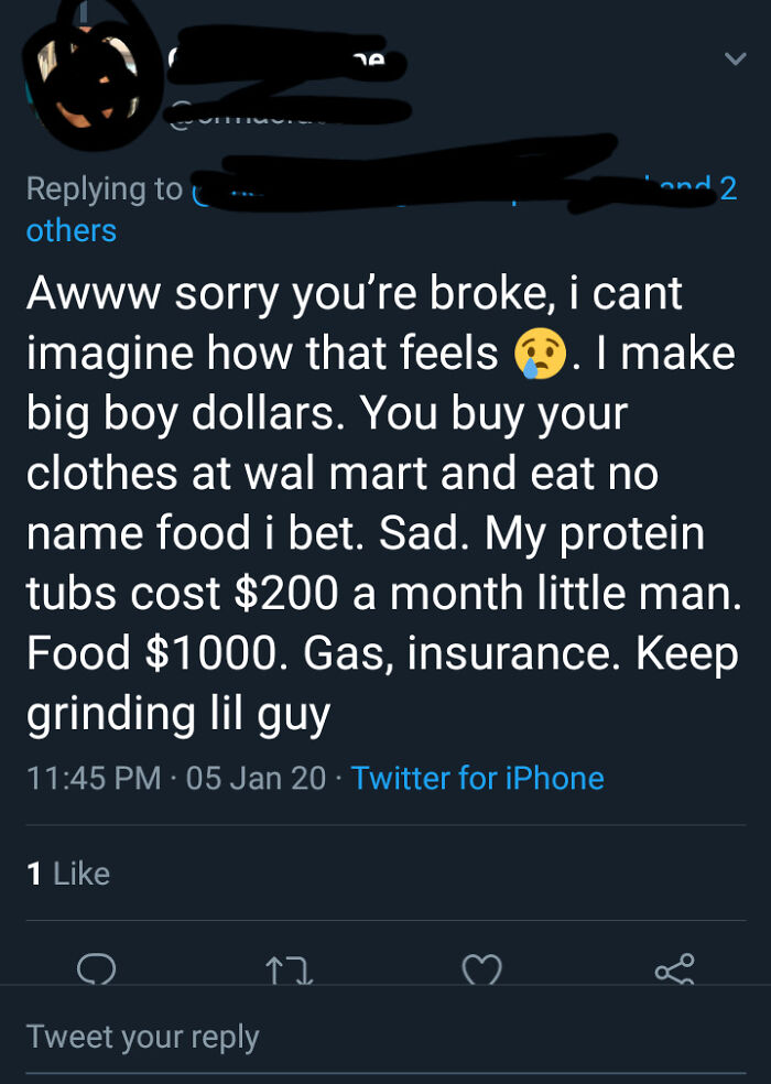 Tweet boasting about making money and expensive protein tubs