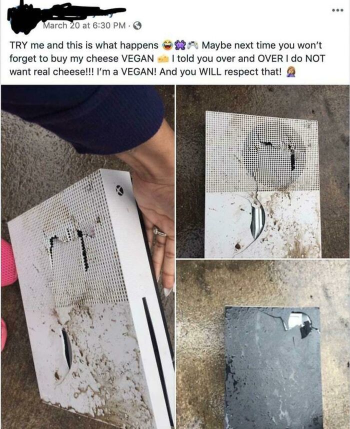 Photos of a damaged gaming console with a caption about vegan cheese