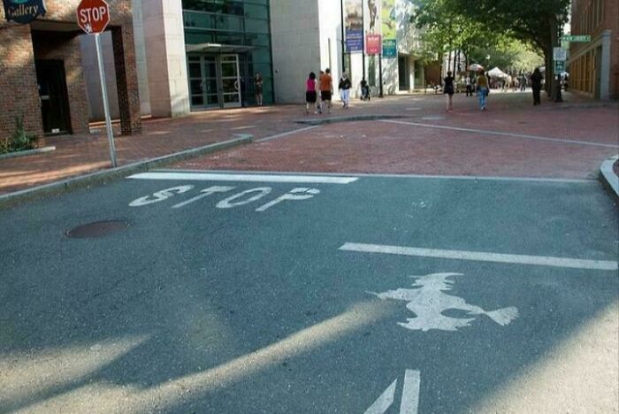 Street sign showing stop and witch on broomstick for pedestrians