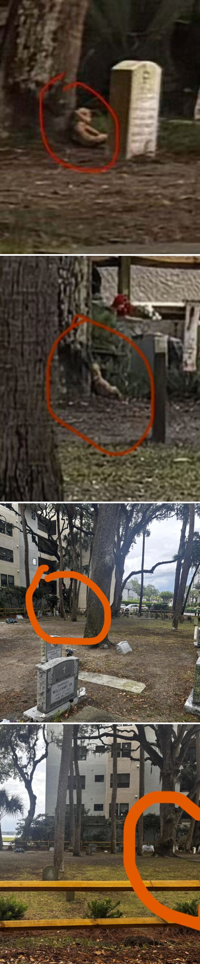 Circled ghostly figure near gravestones in creepy cemetery photo
