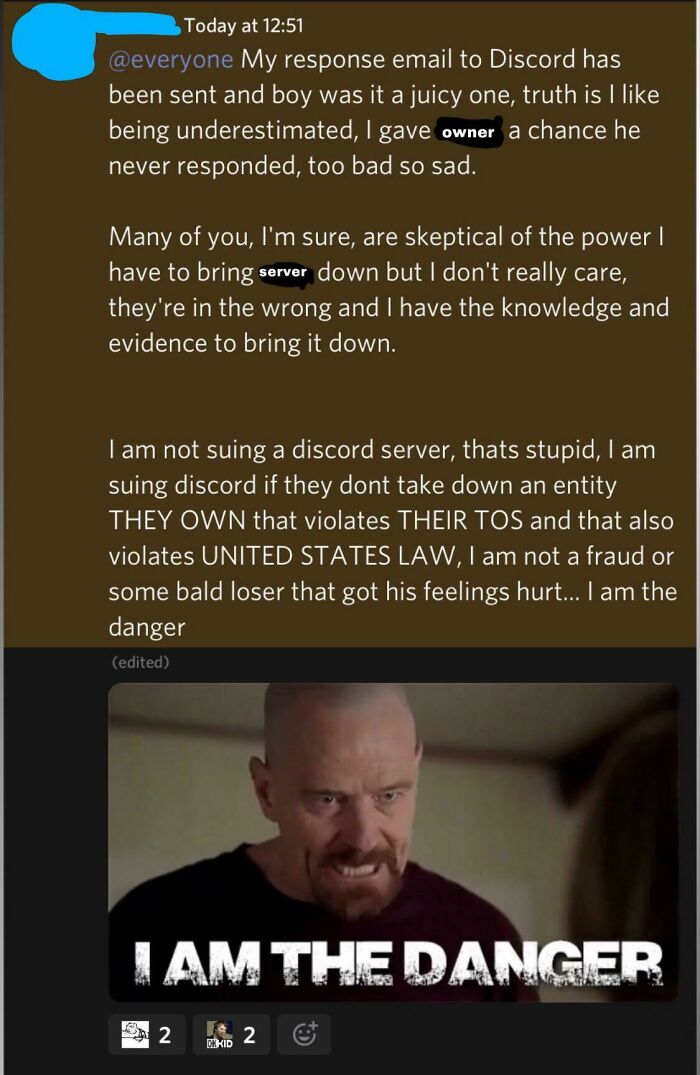 Discord message claiming power to bring down server with statement I AM THE DANGER meme