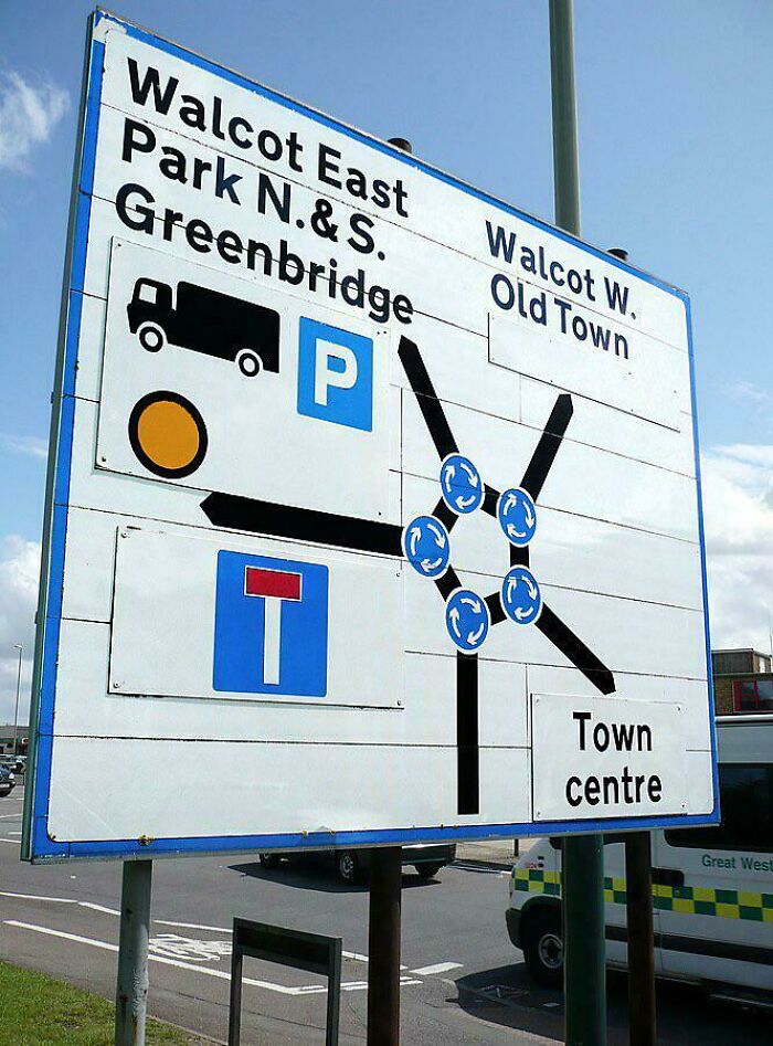 Confusing road sign showing directions and roundabouts at Walcot with parking and d**d end symbols