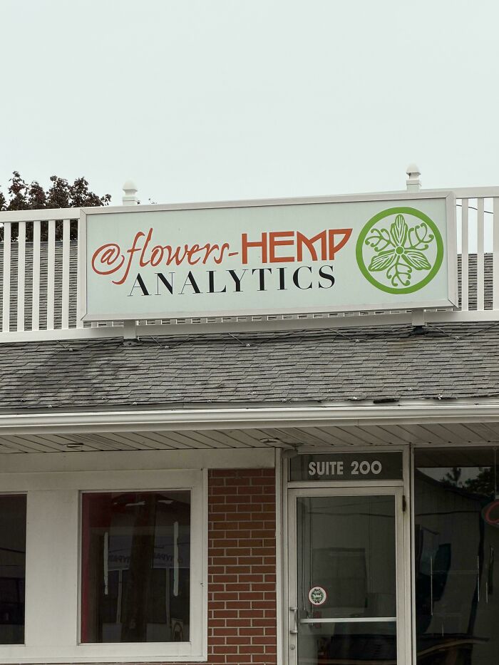 Storefront sign for Flowers-Hemp Analytics on a brick building