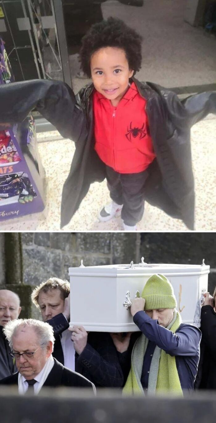Child wearing oversized black coat with adults carrying white coffin