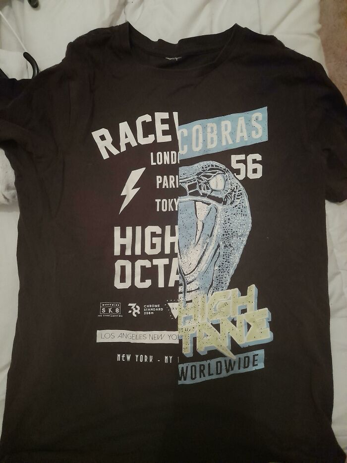 Clothing design: A dark brown t-shirt with a split design, showing the words RACE COBRAS and a snake illustration.