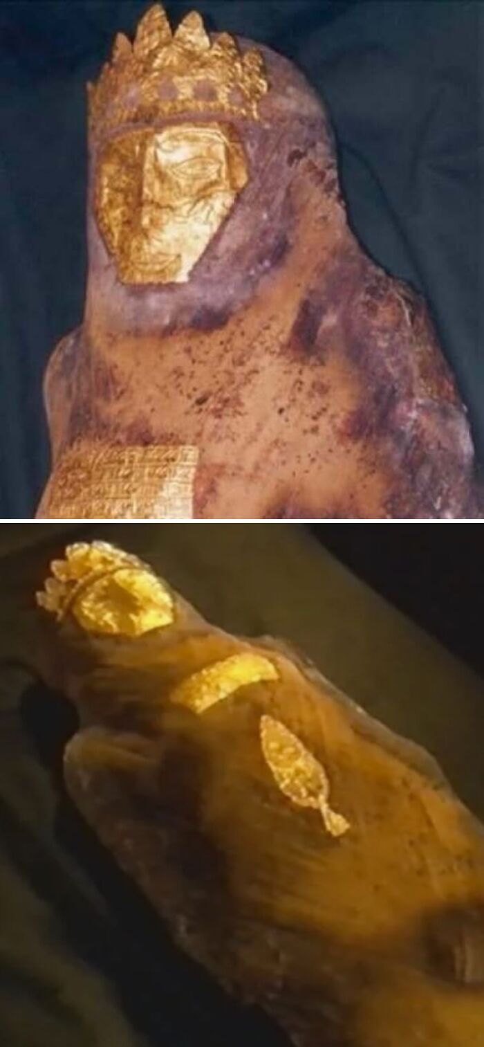 Ancient mummy with gold burial mask in horrifying historical story