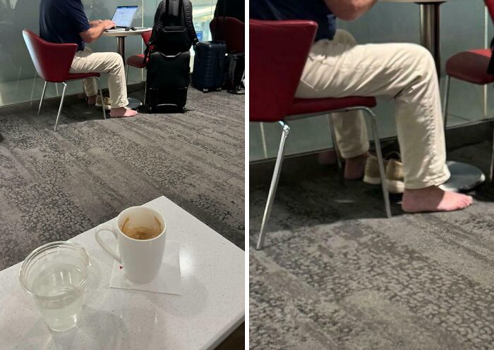 Airports scene: a man sitting barefoot in an airport lounge, working on a laptop, depicting chaotic and unusual behavior.