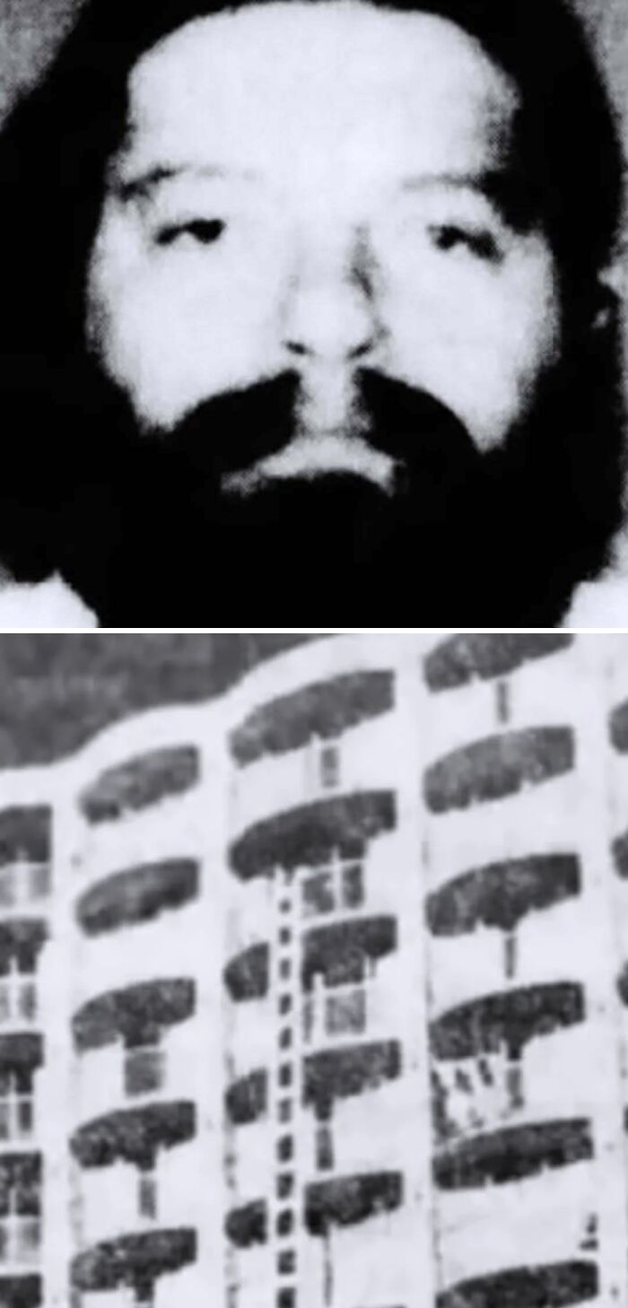 Black and white photo of a bearded man with a building background horror story