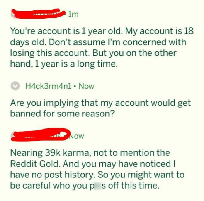 Online argument showcasing users acting tough with account age and karma threats