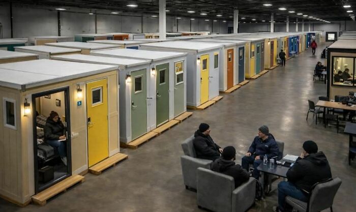 Interior of large warehouse with small colorful rooms and people sitting and talking positive stories