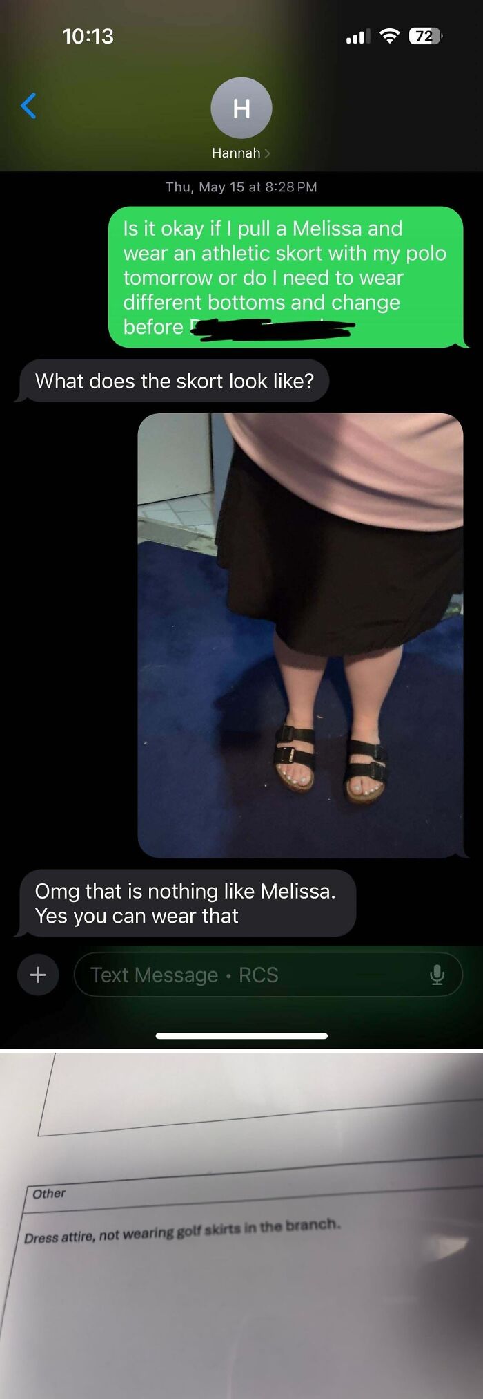 Text message discussing wearing an athletic skort with polo for dress attire rules at work