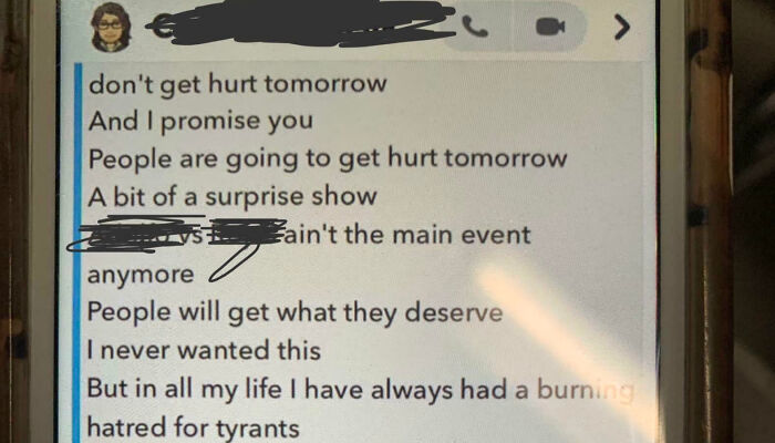 Text message warning about people getting hurt and hatred for tyrants
