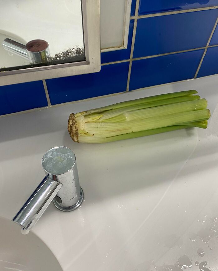 A celery stalk on a bathroom counter with a running faucet, an unusual sight in chaotic airports.