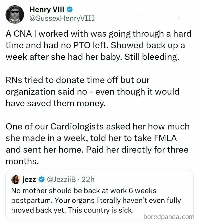 Postpartum work conditions criticized with nurses donating PTO and cardiologist supporting FMLA for new mother