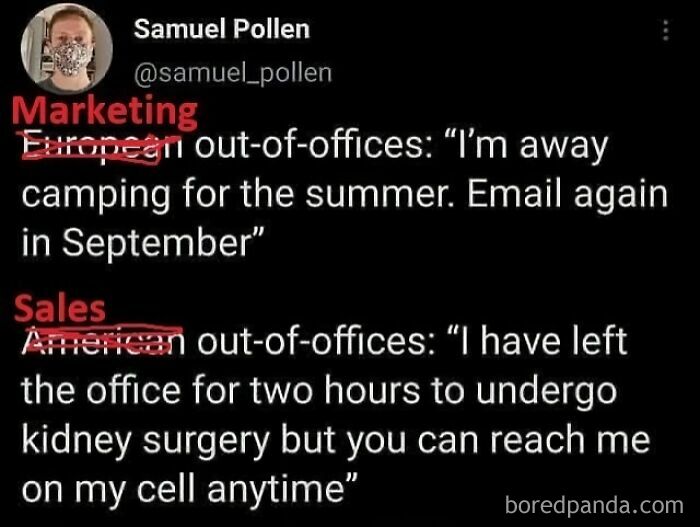 Marketing and sales out-of-office message comparison meme