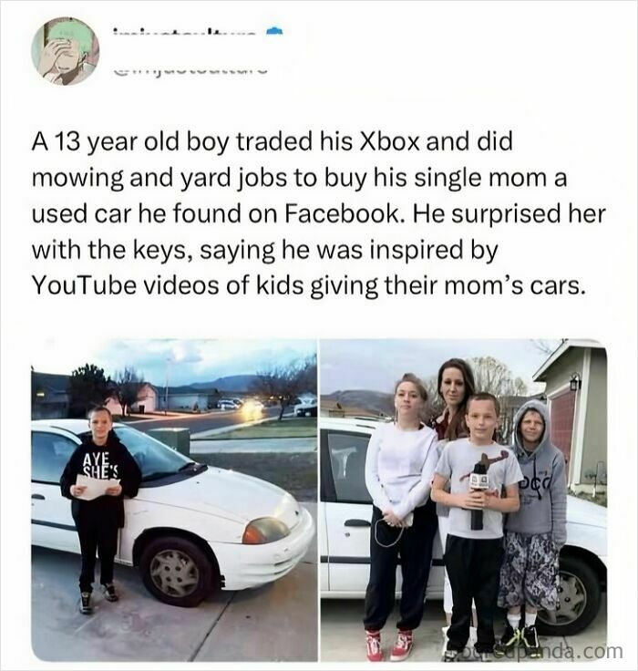 13 year old boy trades Xbox to buy used car for single mom
