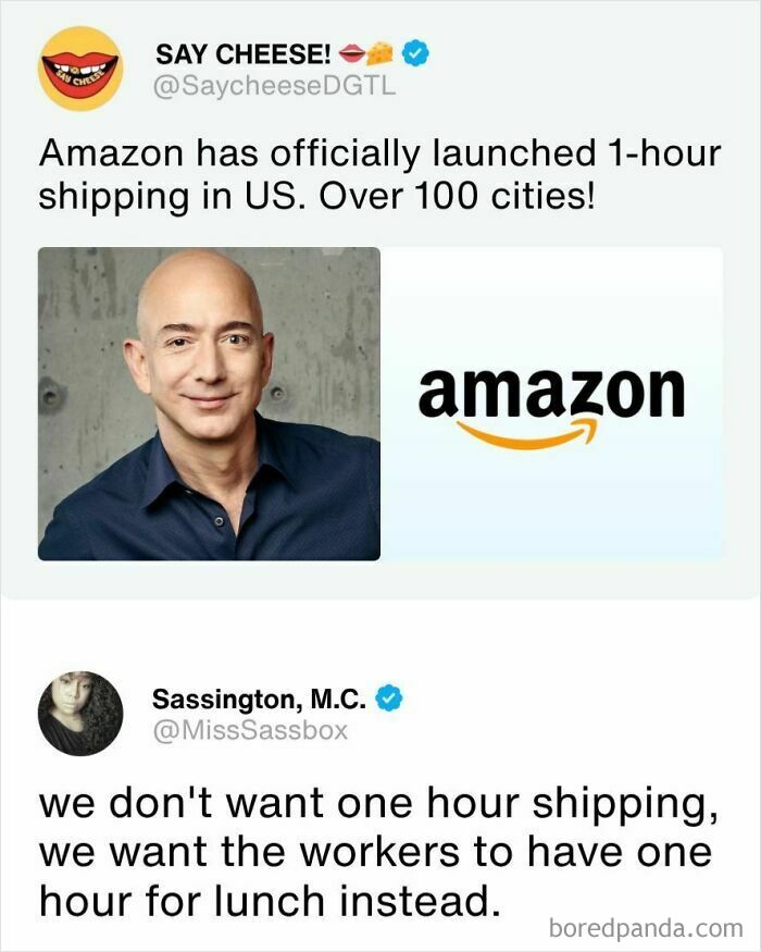 Tweet discussing Amazon's new 1-hour shipping service and worker lunch hours