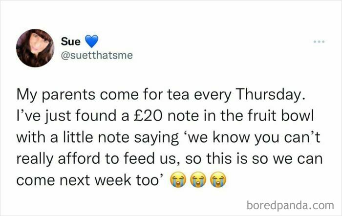 Tweet about parents leaving money and a note to help with tea visits