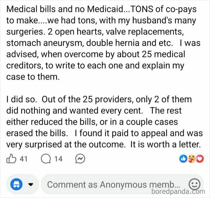 Text post about reducing medical bills by appealing to providers