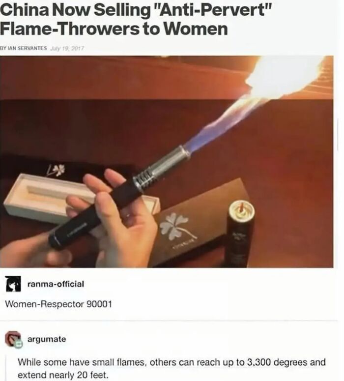 Flamethrower marketed as anti pervert weapon for women in China
