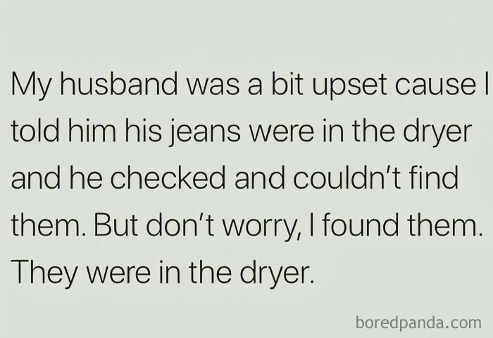 Funny husband and wife meme about lost jeans in the dryer