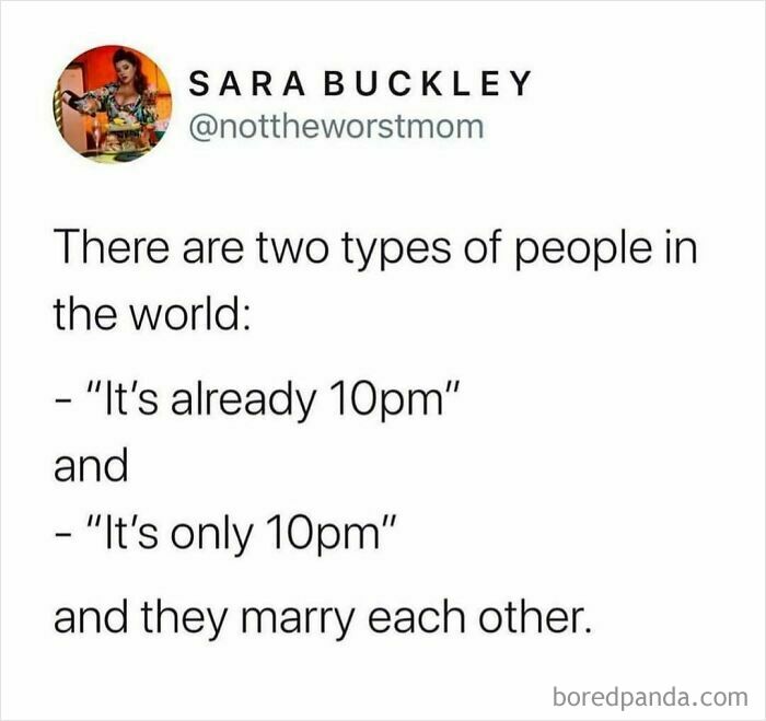 Text meme about two types of people in marriage at 10pm