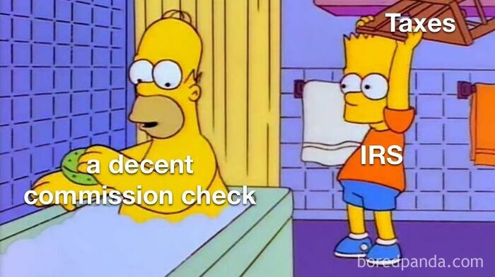 Sales commission check losing value to IRS and taxes meme from salespeople perspective