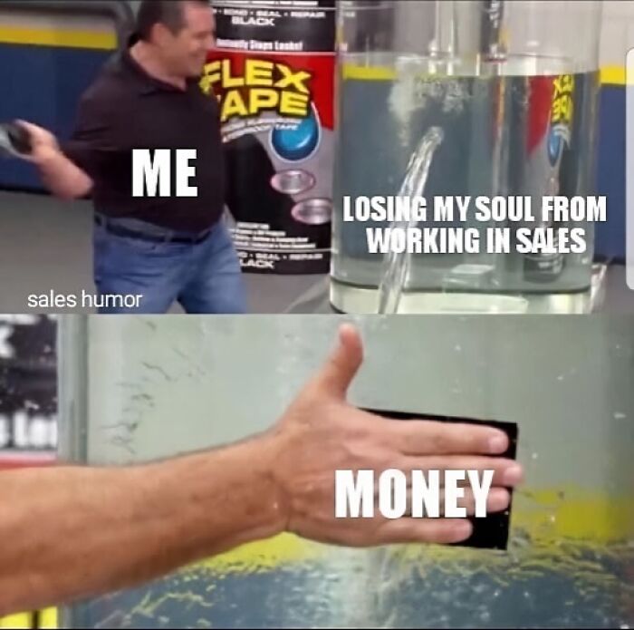 Meme showing losing soul from sales but blocking it with money as sales humor