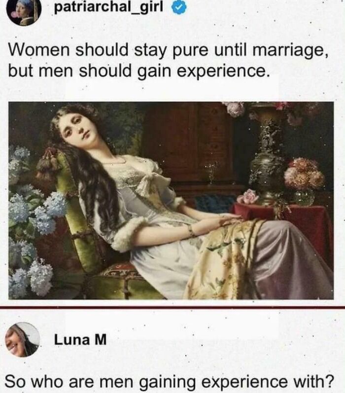 Funny patriarchal girl tweet on men gaining experience before marriage screenshot