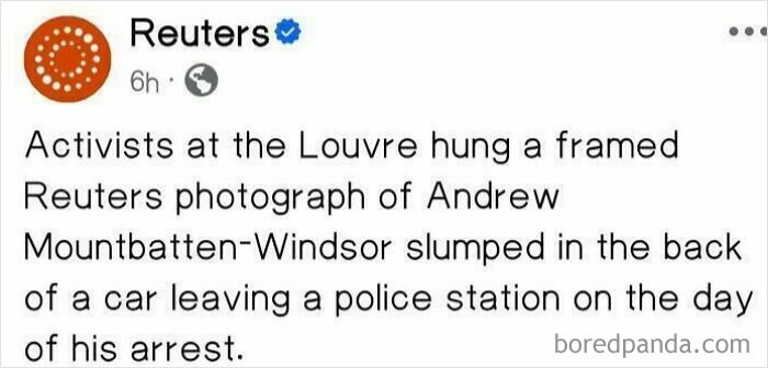 Funny bizarre screenshot of Reuters post about framed police arrest photo at Louvre