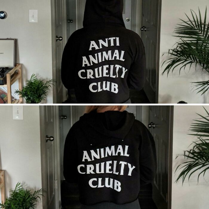 Two images of a black hoodie with 'Anti Animal Cruelty Club' and 'Animal Cruelty Club' on the back, poor clothing designs.