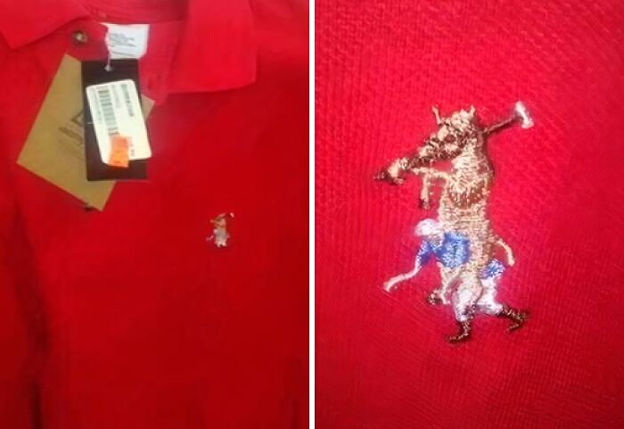 Close-up of a bad clothing design: a red polo shirt with an embroidered horse seemingly attacking a person.