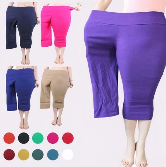 Collection of capri pants in various colors, showcasing bad clothing designs on mannequins.