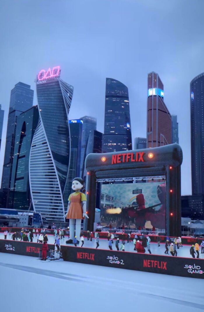 Netflix Squid Game 2 large event setup with skyscrapers in background
