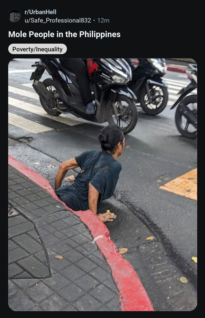 Man emerging from a street hole amid traffic highlighting urban hell poverty