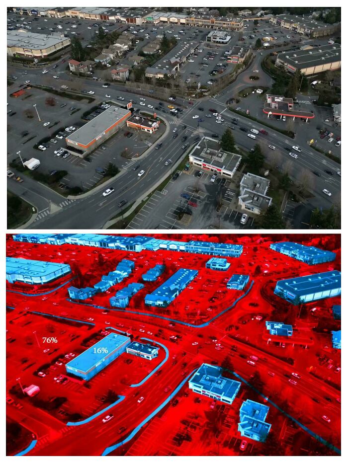 Aerial view of busy intersection showing suburban hell traffic and urban sprawl