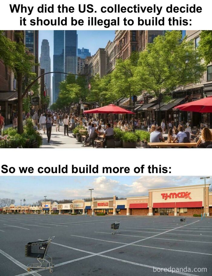 Comparison of walkable urban street vs empty suburban hell shopping center with large parking lot