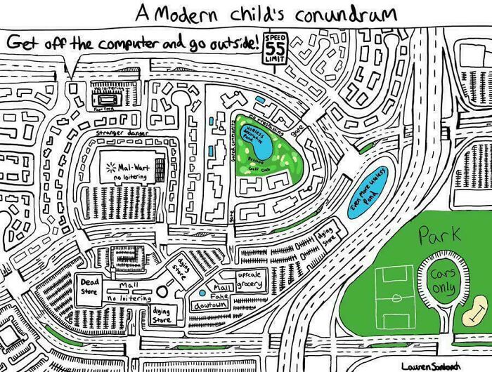 Cartoon map titled a modern childs conundrum showing suburban stores and parks