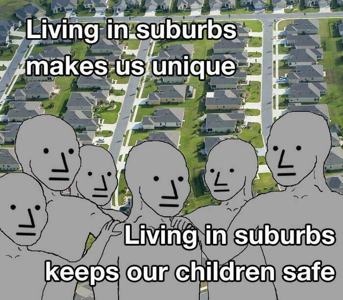 Comic with gray figures and aerial view captioned about living in suburbs keeping children safe