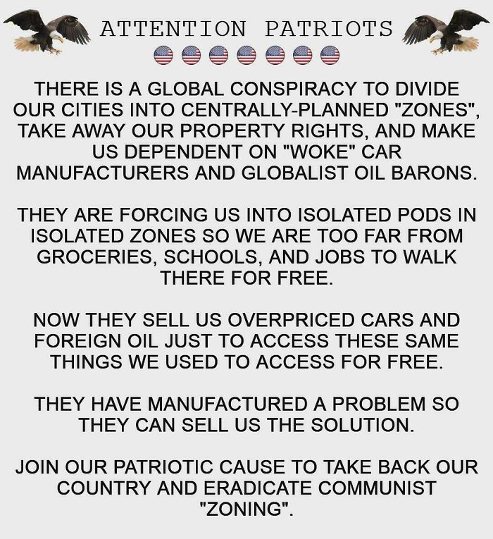 Text image discussing suburban hell and zoning conspiracies affecting property and car dependence