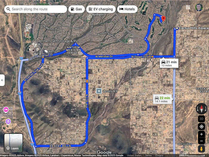 Google Maps route showing a suburban driving path with two route options and travel times