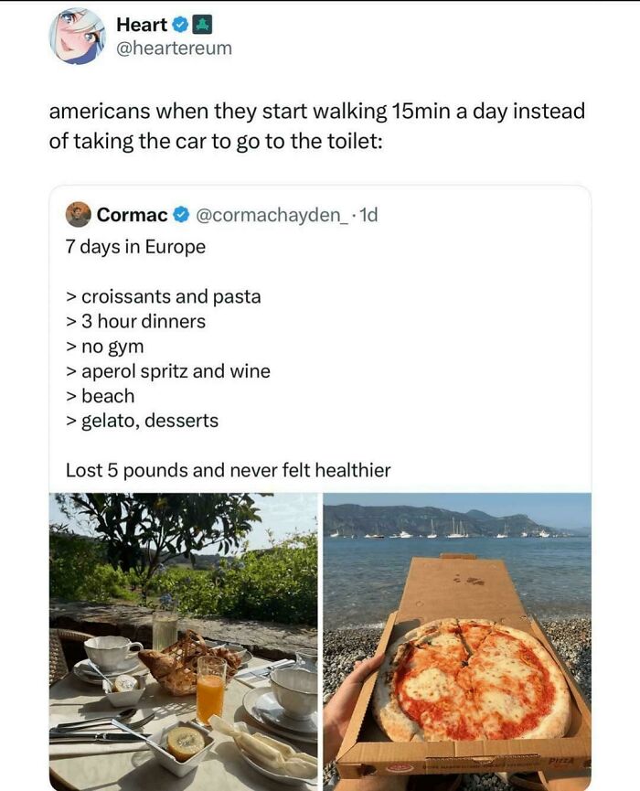 Funny social media post about Americans walking 15 minutes a day with European lifestyle benefits
