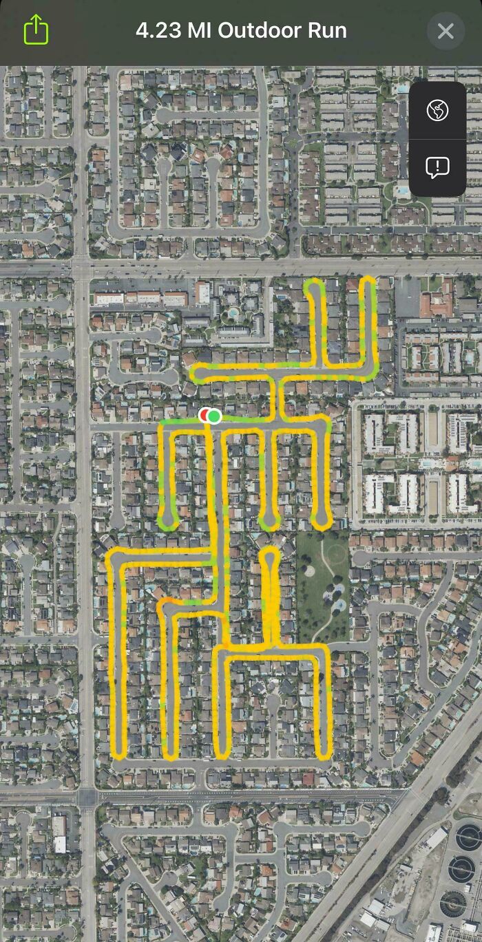 Suburban neighborhood running route map showing a 4.23 mile outdoor run path