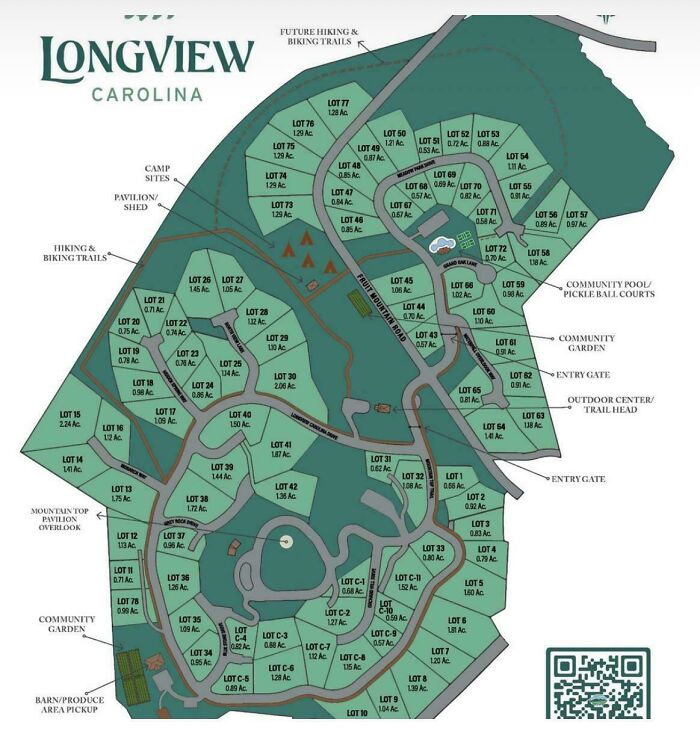 Longview Carolina lot map showing plots and community amenities for housing development