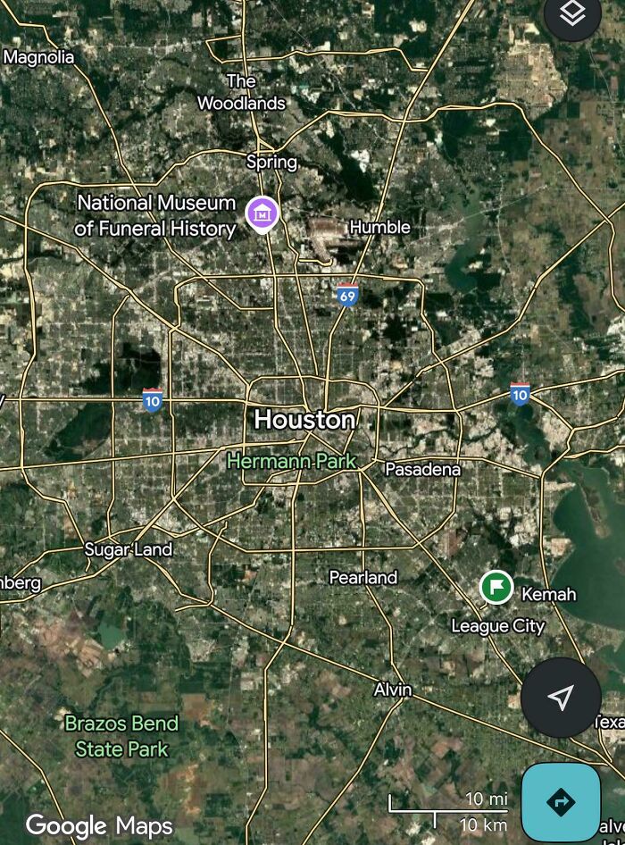 Satellite map view of Houston showing major highways and suburban areas