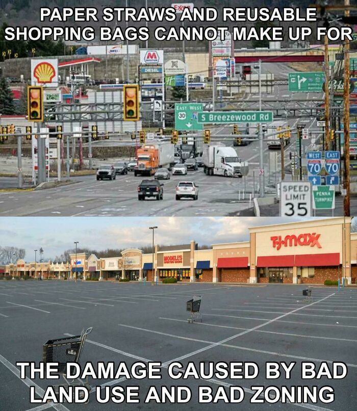 Traffic and empty shopping parking lot illustrate damage from bad land use and zoning in suburban hell